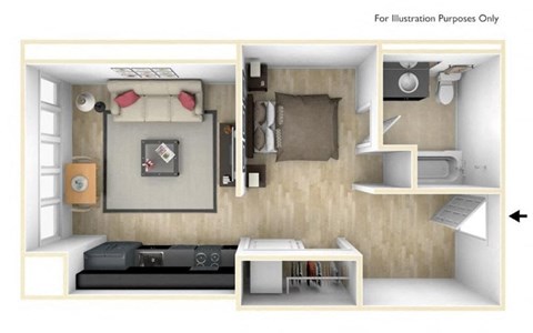 Floor plan for studio, 1 bath, 504 sqft